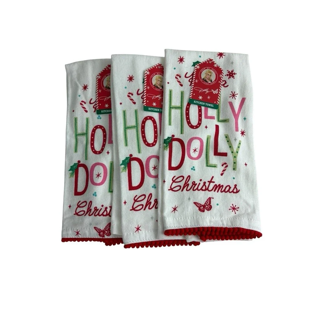 Dolly Parton Have a Holly Dolly Christmas Kitchen Towels Snowflake Set of 3 NEW